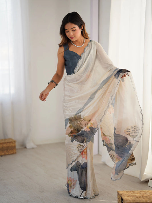 Soft Amber Beige Digital Floral Print With Mirror Cut Work Saree