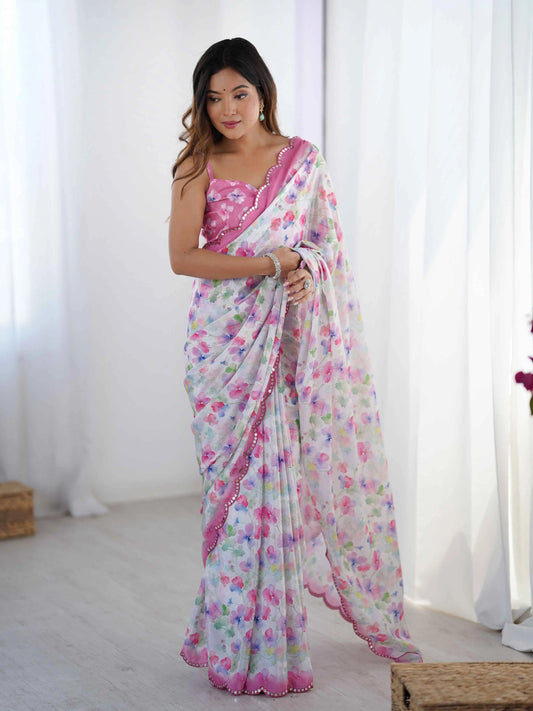Dull Pink Digital Floral Print With Mirror Cut Work Saree