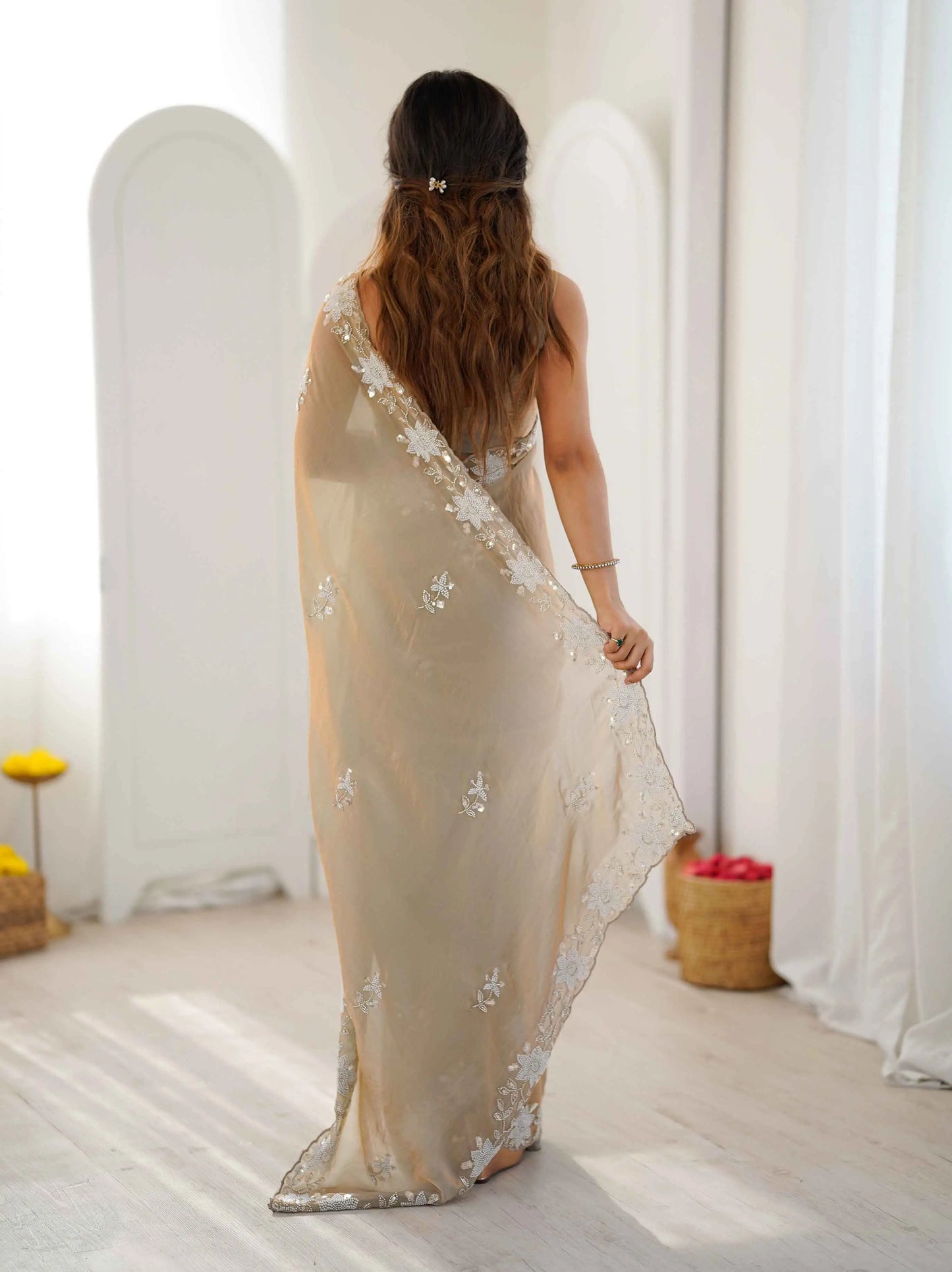 Shiny Beige Hand Work Party Wear Saree