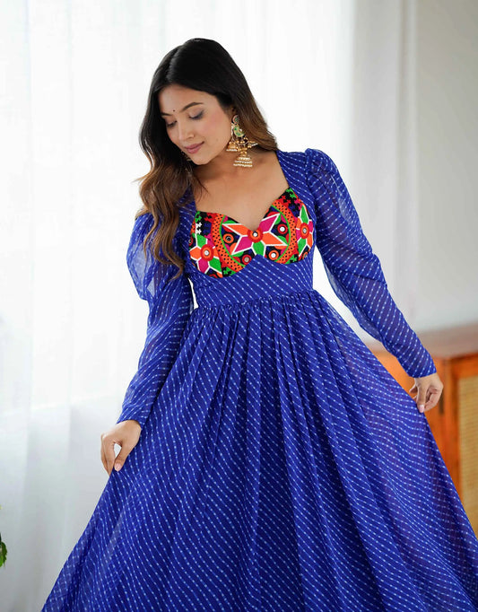 Royal Blue Laheriya Print Chain Stitch Wok Navratri Gown