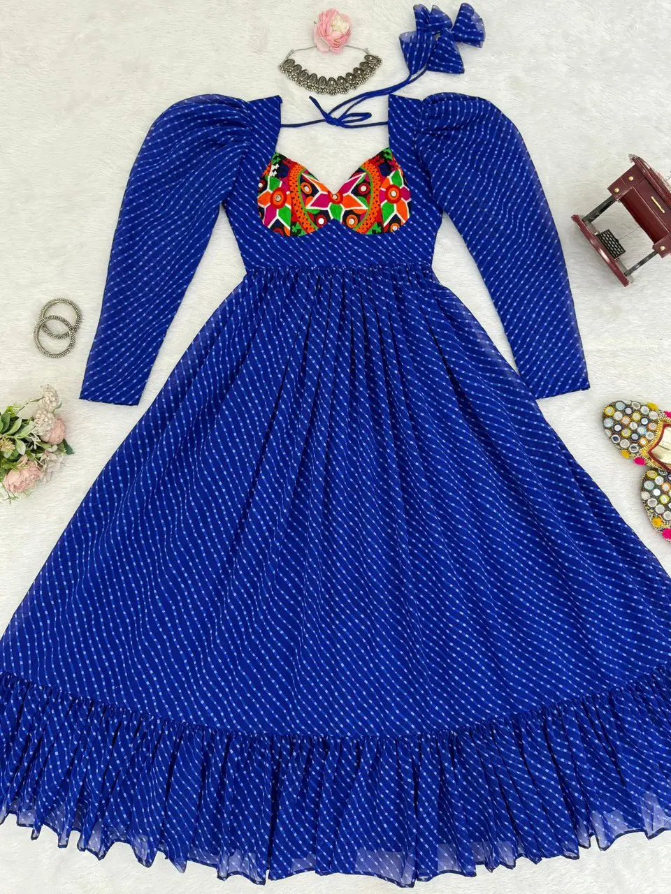 Royal Blue Laheriya Print Chain Stitch Wok Navratri Gown