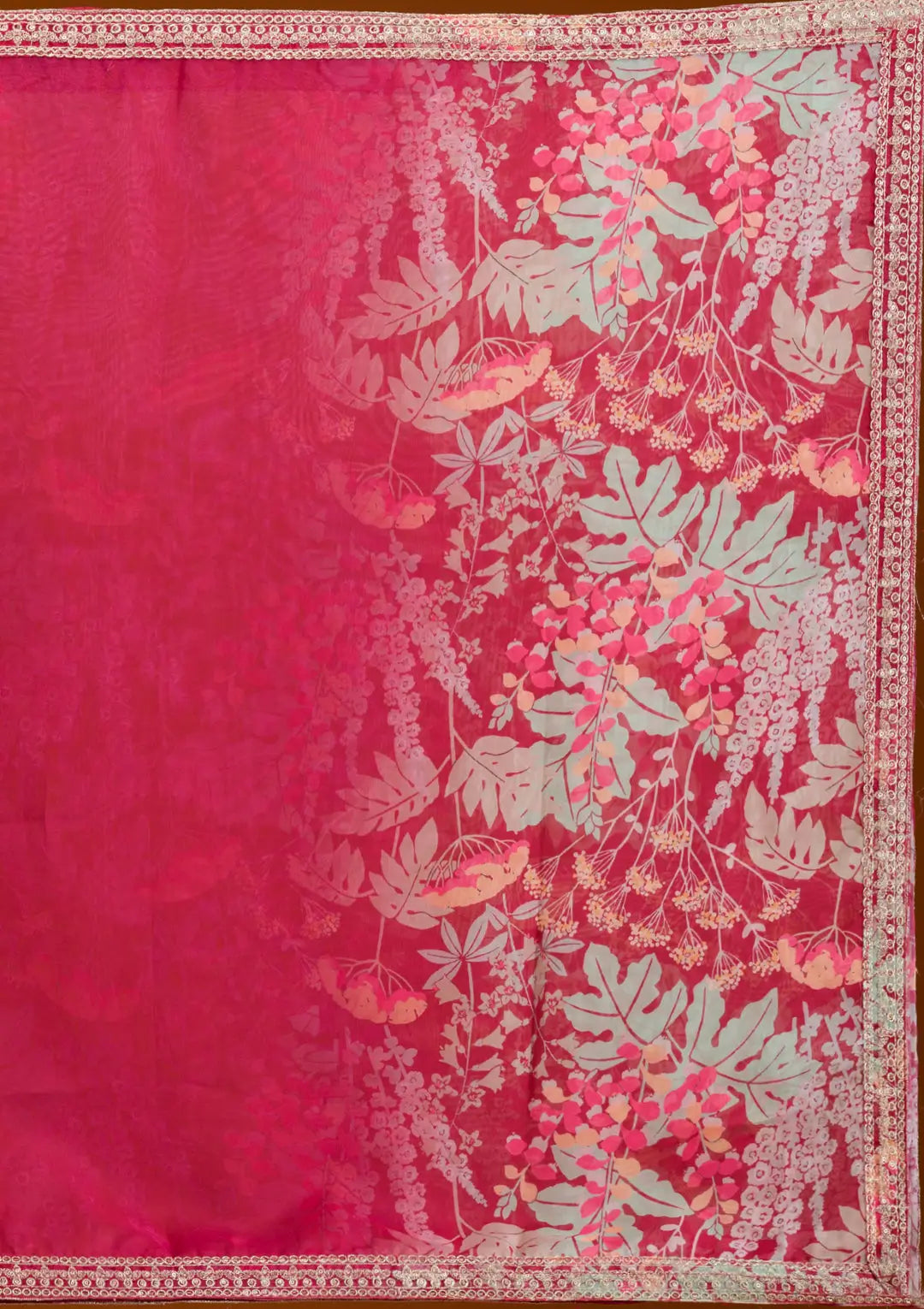 Peach Pink Organza Print With Embroidery Lehenga