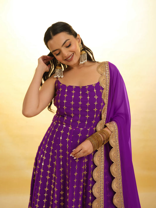Purple Georgette Embroidery Work Gown With Dupatta
