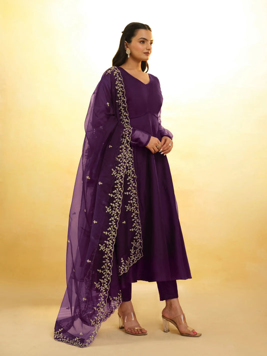 Plum Purple Organza Gown With Heavy Dupatta
