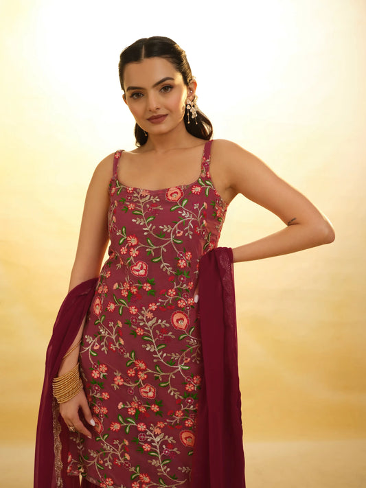 Cherry Red Georgette Salwar Suit With Dupatta