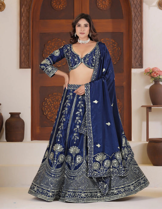 Blue Lehenga Choli With Sequins Zari Embroidery Work
