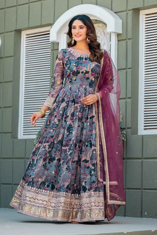 Purple Multi Floral Embroidery Work Gown