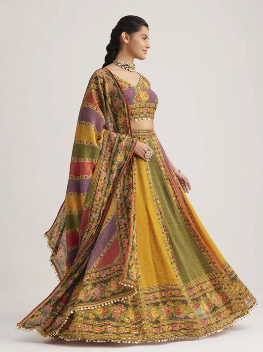 Multi Color Floral Printed Hand Work Pure Soft Organza Lehenga With Dupatta