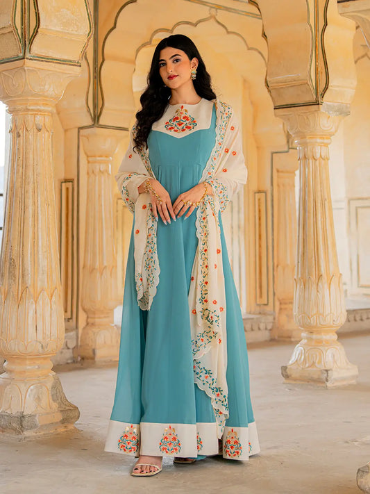 Smalt Blue Sequins Embroidery Georgette Gown