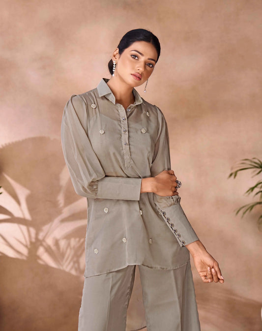 Greyish Beige Pure Organza Hand Work Designer Co-Ord Set