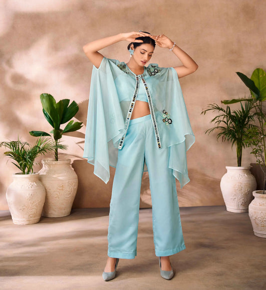 Aqua Blue Pure Organza Hand Work Indo Western Co-Ord Set With Cap