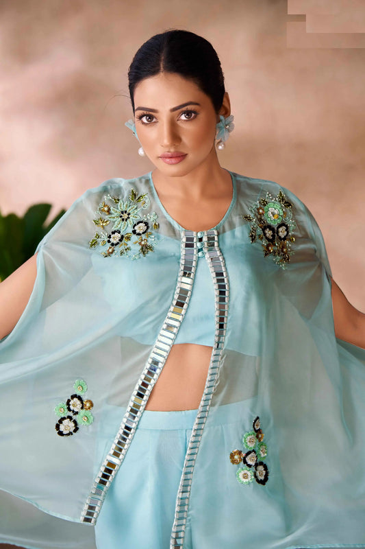 Aqua Blue Pure Organza Hand Work Indo Western Co-Ord Set With Cap