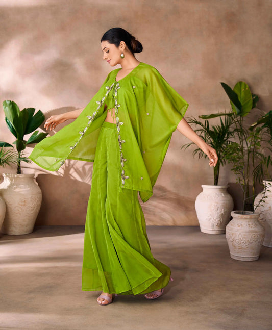 Parrot Green Hand Work Organza Indo Western With Cap
