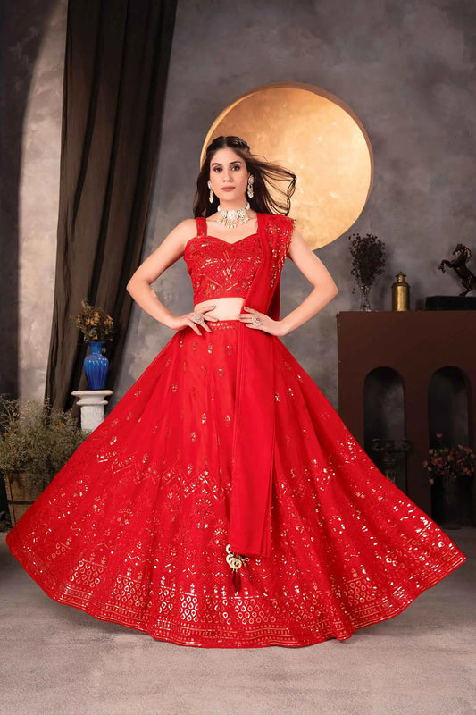 Cherry Red Georgette Lehenga With Sequins Embroidery Work And Dupatta