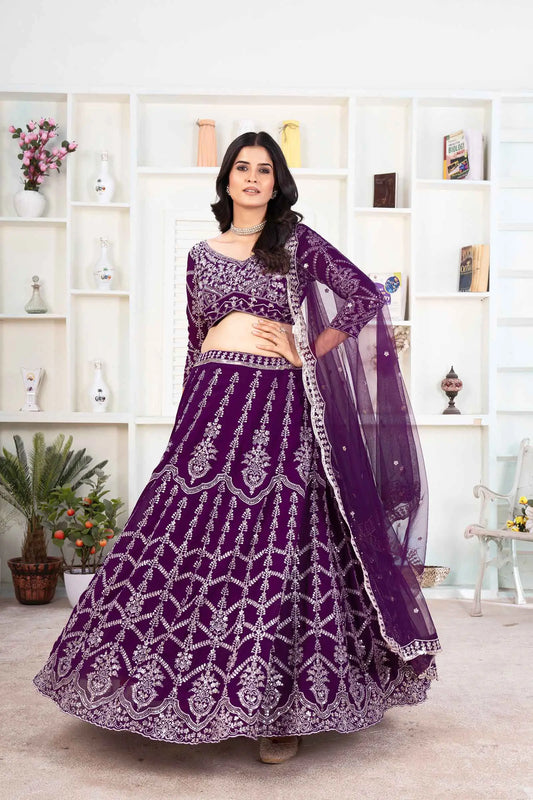 Deep Violet Thread Sequins Embroidery Work Georgette Lehenga