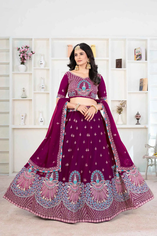 Black Berry Wine Georgette Lehenga With Thread Sequins Embroidery Work