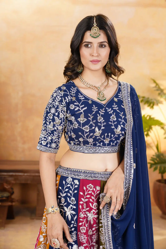 Multi Color Sequins Zari Embroidery Work Georgette Lehenga With Dupatta