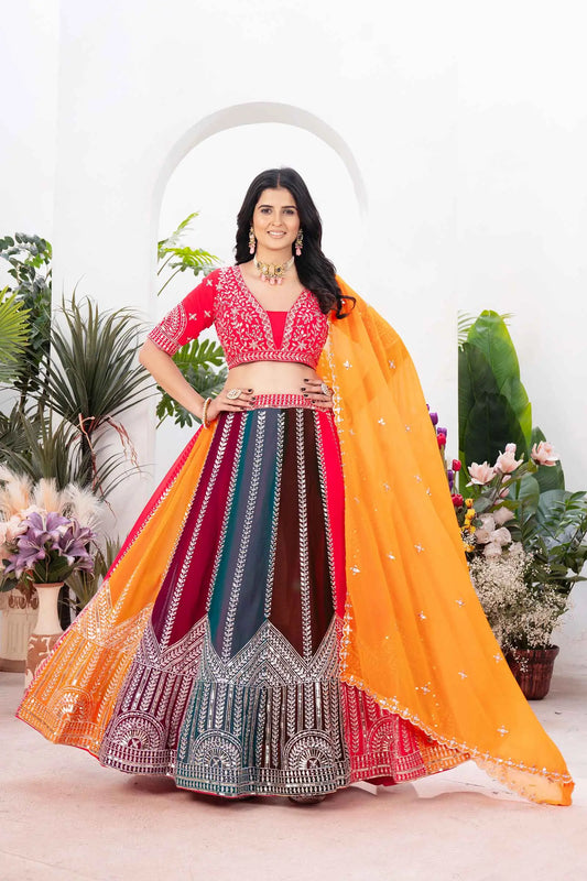 Multi Color Georgette Lehenga With Sequins Embroidery Work And Dupatta