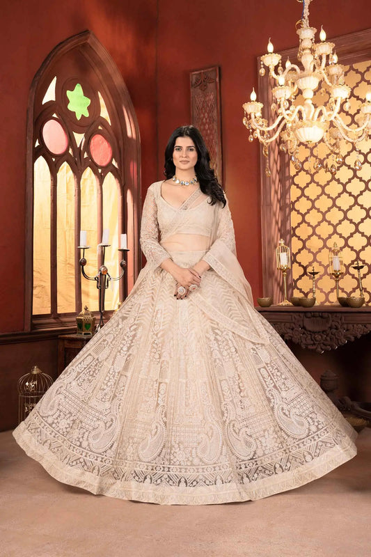 Beige Shining Thread Embroidery Design Net Lehenga Choli