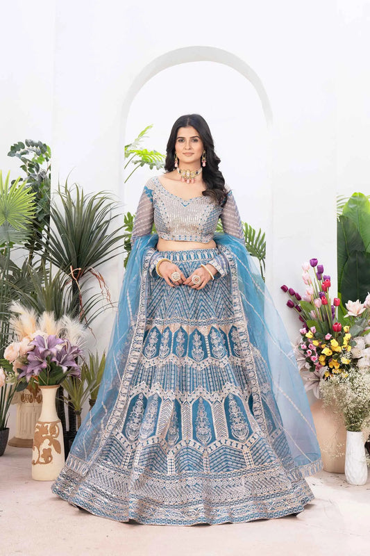 Bluish Cyan Net Lehenga With Embroidery Sequins Design Work And Dupatta