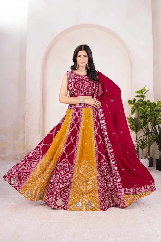 Red And Yellow Embroidery Sequins Design Work Lehenga Set