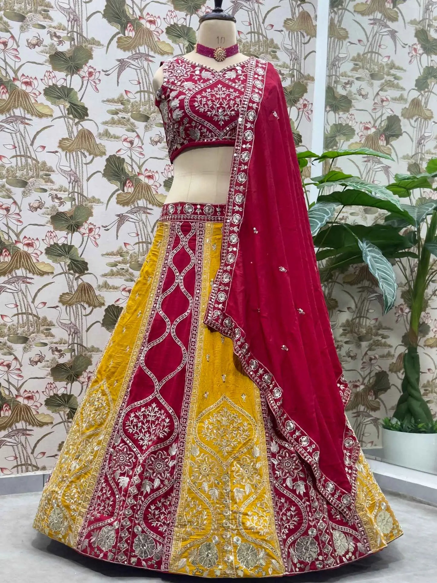 Red And Yellow Embroidery Sequins Design Work Lehenga Set