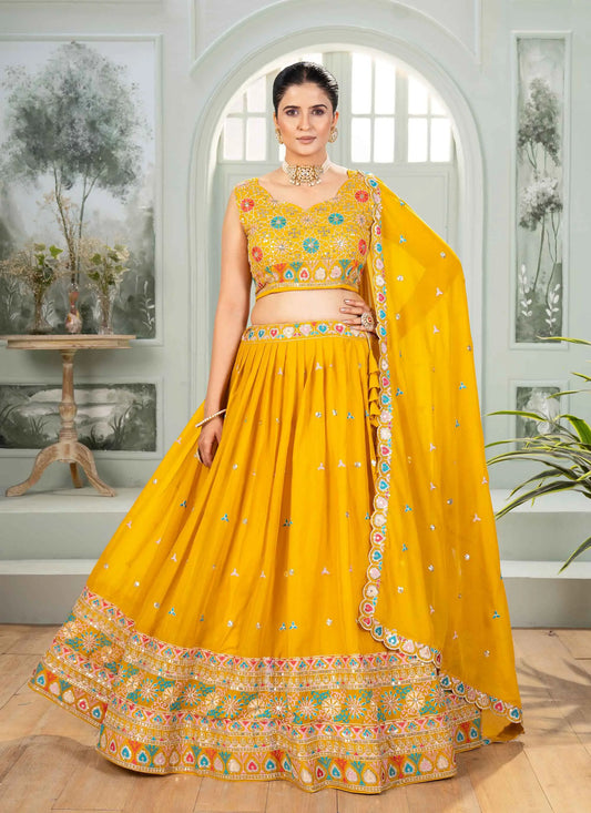 Yellow Star Georgette Sequins Embroidery Work Lehenga Choli