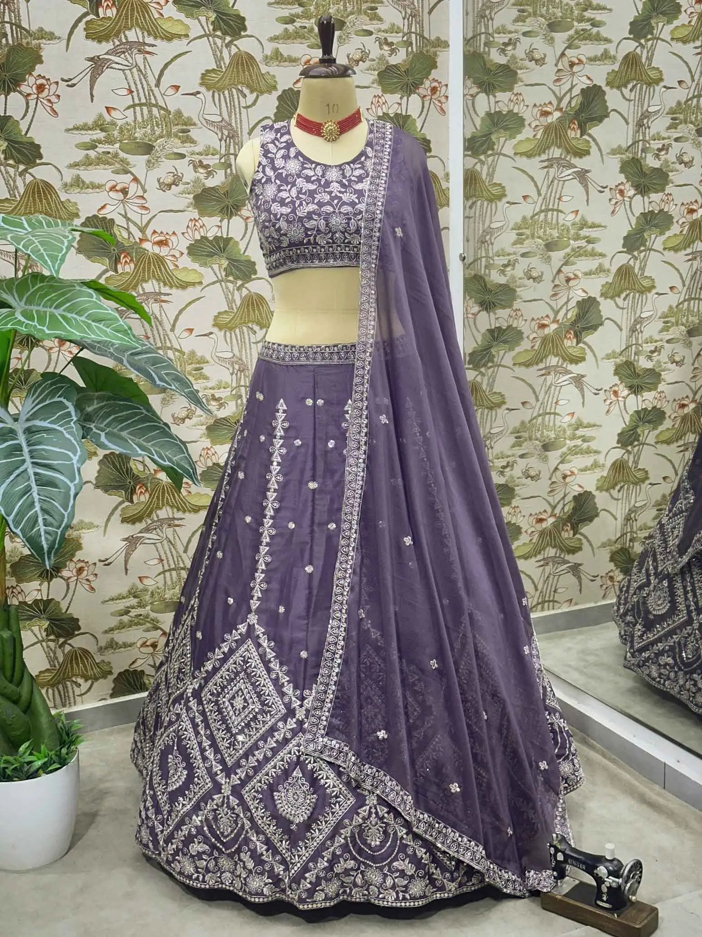 Plum Purple Georgette Sequins Embroidery Work Lehenga Choli