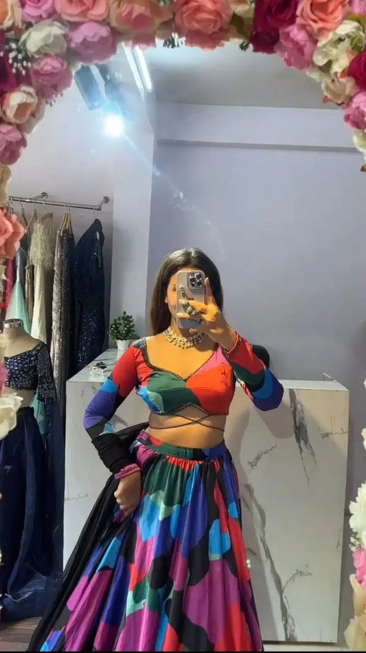 Multi Color Pink Chinon Silk Lehenga With Beautiful Digital Print With Plain Dupatta