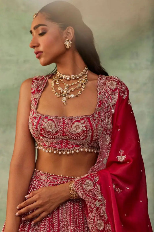 Dark Red Silk Lehenga With Thread Embroidery Coding And Heavy Sequins Work