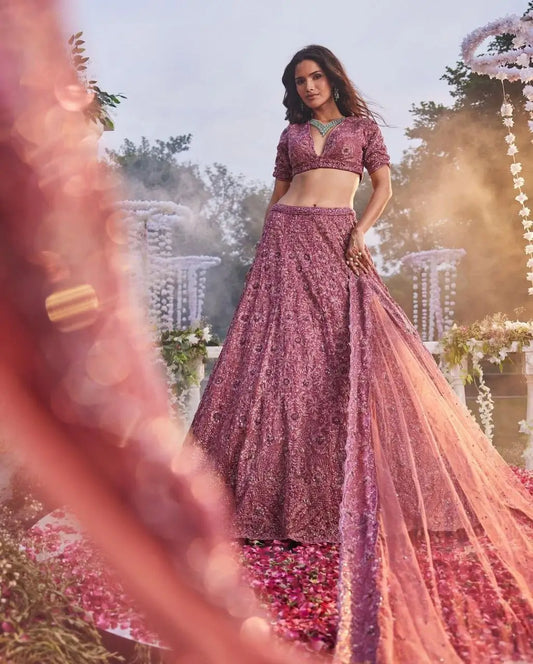 Dark Mauve Lehenga With Heavy Thread Embroidery Glitter Dori And Sequins With Zari Work