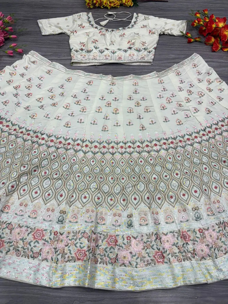 White Georgette Lehenga With Multi Color Thread Embroidery Dori And Sequins Work