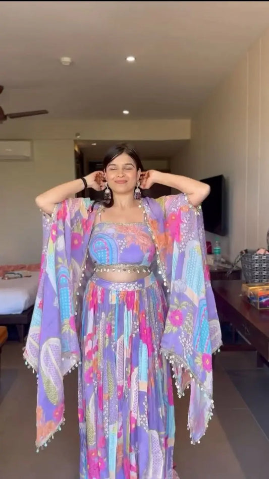 Lavender Chinon Silk Lehenga With Floral Print With Koti Style Dupatta With Lace