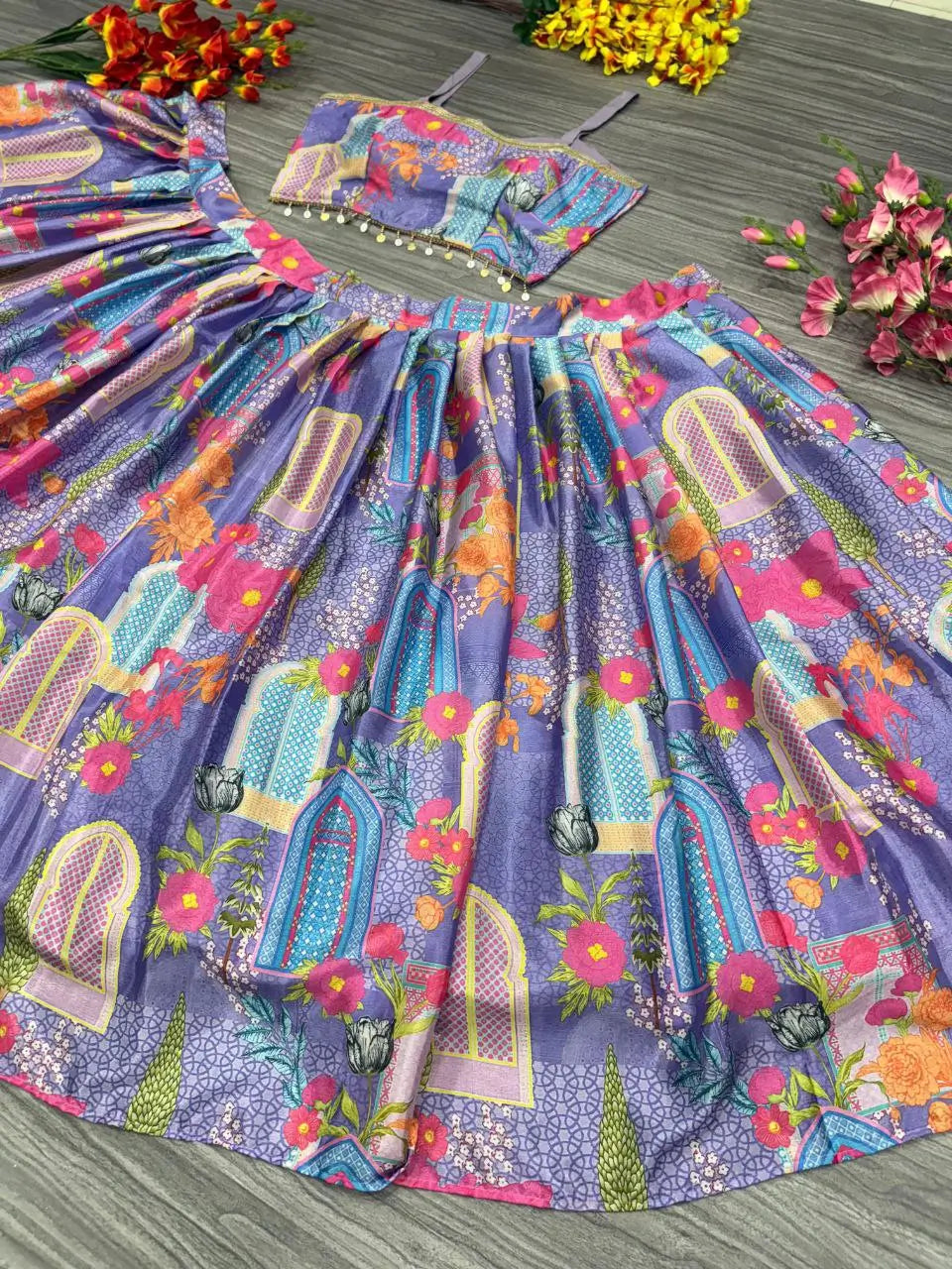 Lavender Chinon Silk Lehenga With Floral Print With Koti Style Dupatta With Lace