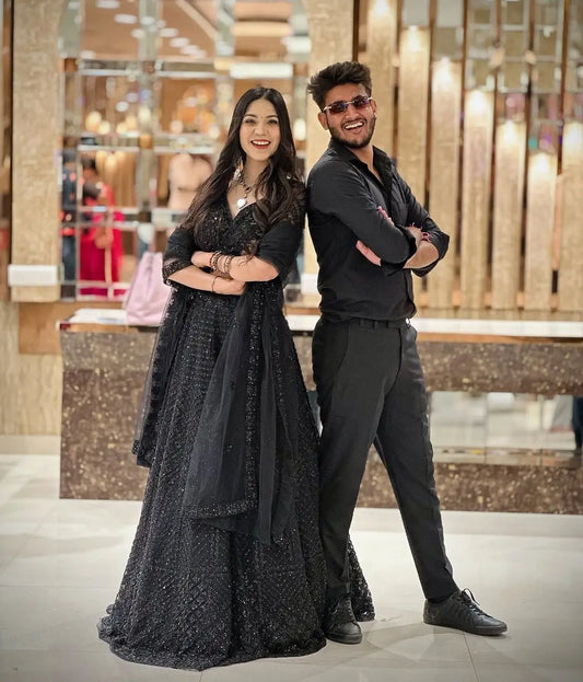 Mat Black Net Lehenga With Coding Heavy Sequins Embroidery Work