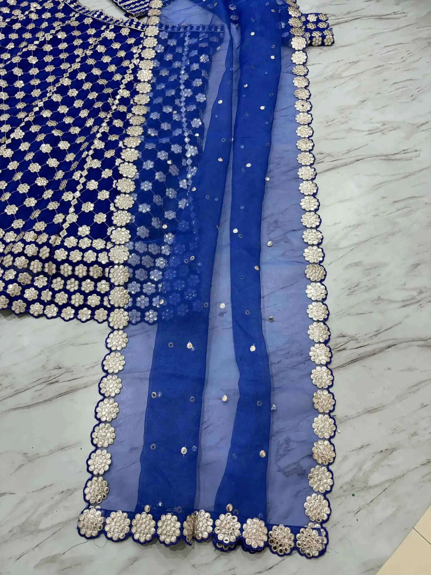Royal Blue Coding And Heavy Foil Mirror Work Party Wear Lehenga