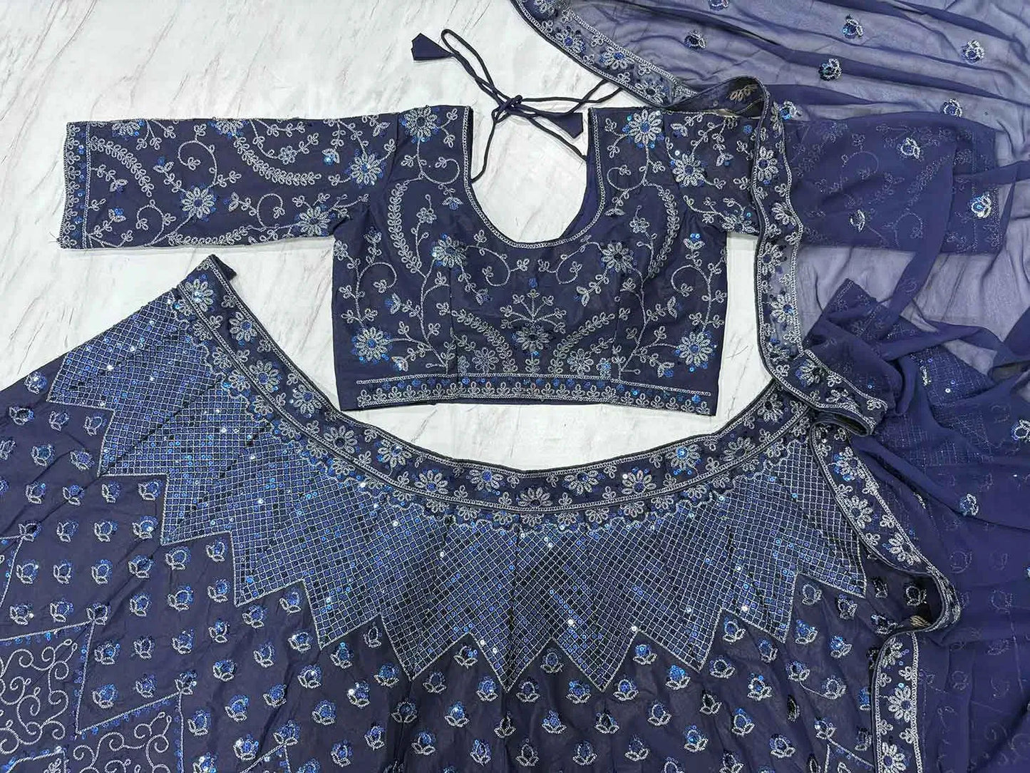 Navy Blue Glitter Dori Heavy Sequins Work Georgette Party Wear Lehenga