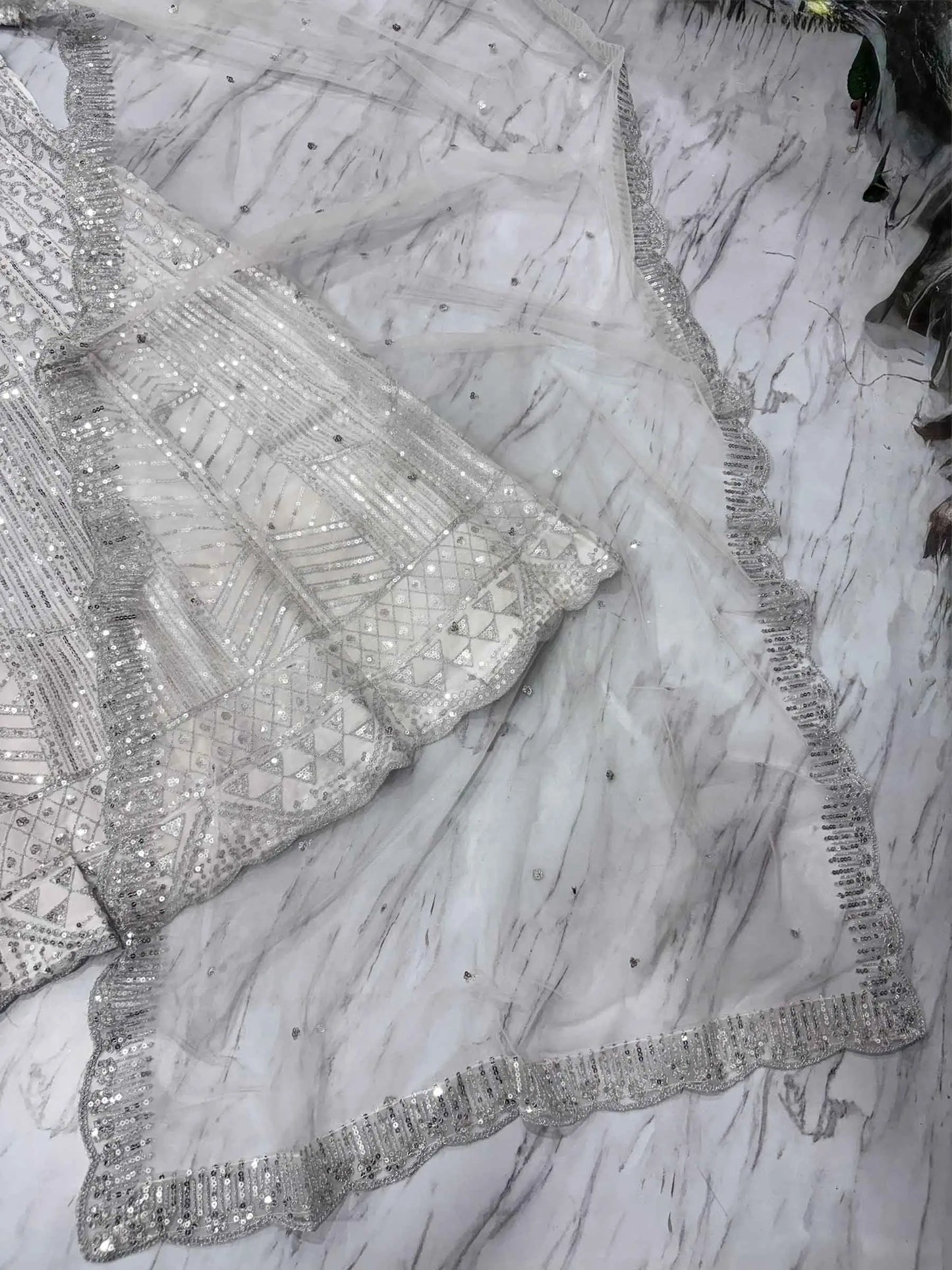 Ivory Thread Heavy Sequins Embroidery Work Chinon Silk Lehenga Choli