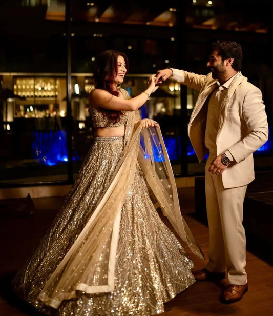 Golden Heavy Sequins Dori Embroidery Work Party Wear Lehenga Choli