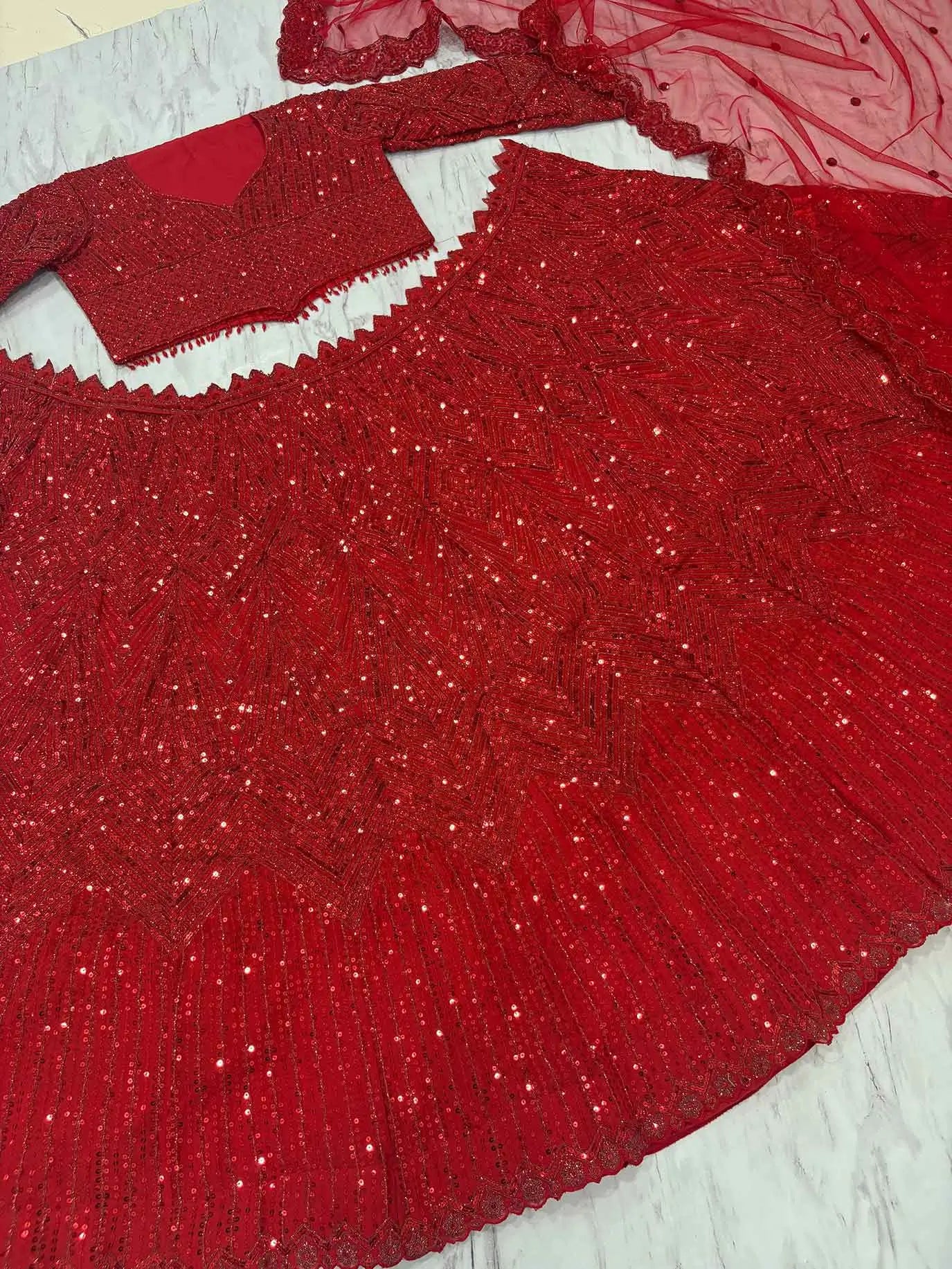 Designer Red Georgette Sequins Thread Dori Embroidery Work Lehenga Choli