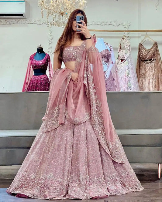 Light Pink Shimmer Dori Sequins Embroidery Work Georgette Lehenga Choli