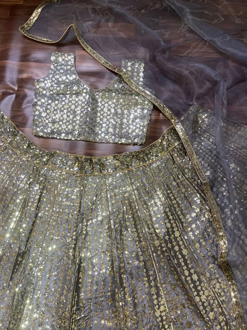 Designer Grey Heavy Sequins Work Party Wear Lehenga With Dupatta