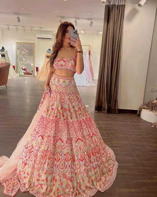 Baby Pink Sequins Thread And Foil Mirror Work Georgette Lehenga