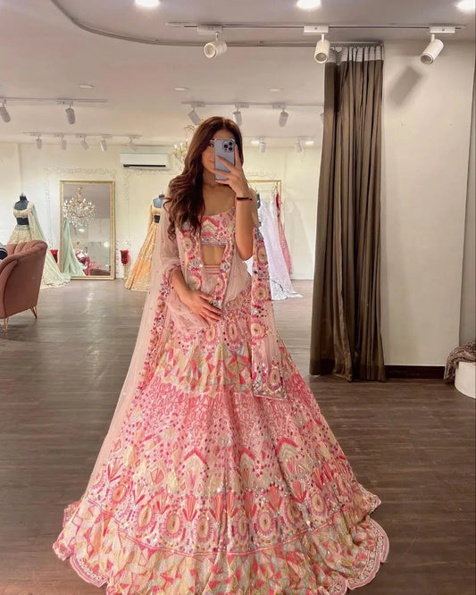 Baby Pink Sequins Thread And Foil Mirror Work Georgette Lehenga