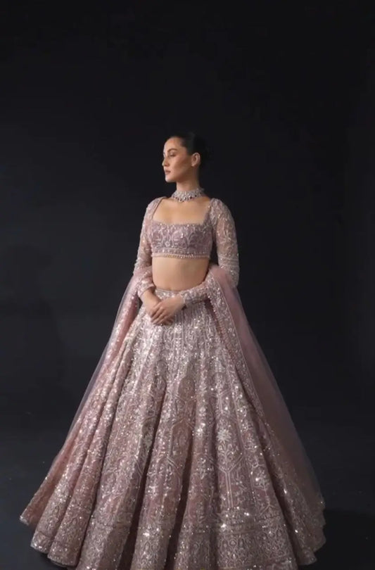 Rosy Brown Net Lehenga With Thread Embroidery Coding And Heavy Sequins Work
