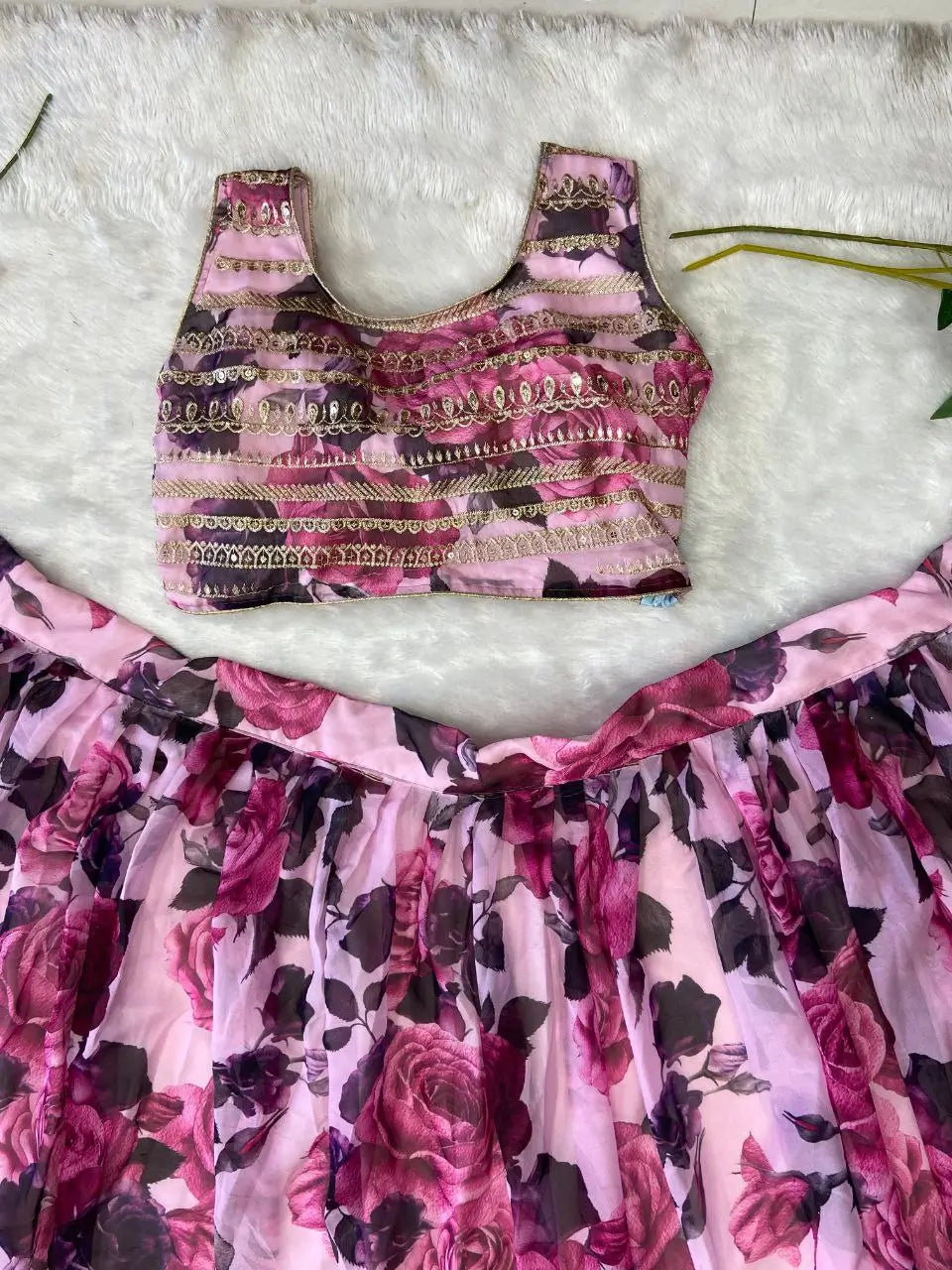 Soft Pink Floral Print With Zari Sequins Work Party Wear Lehenga