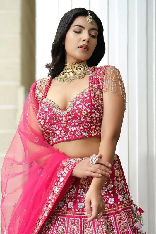 Pinkish Red Satin Lehenga With Multi Thread Heavy Sequins Embroidery Work