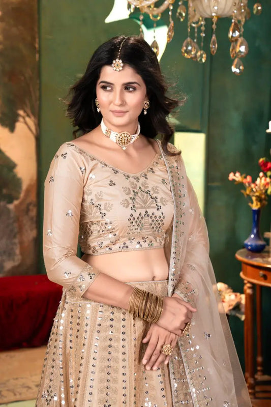 Beige Satin Lehenga With Embroidery Coding And Heavy Sequins Work