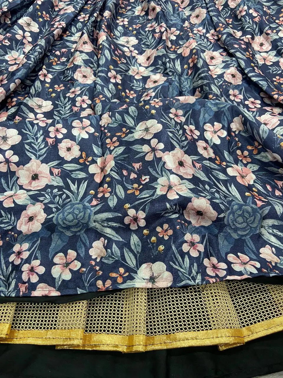 Navy Blue Chinon Silk Lehenga With Floral Digital Print And Dupatta