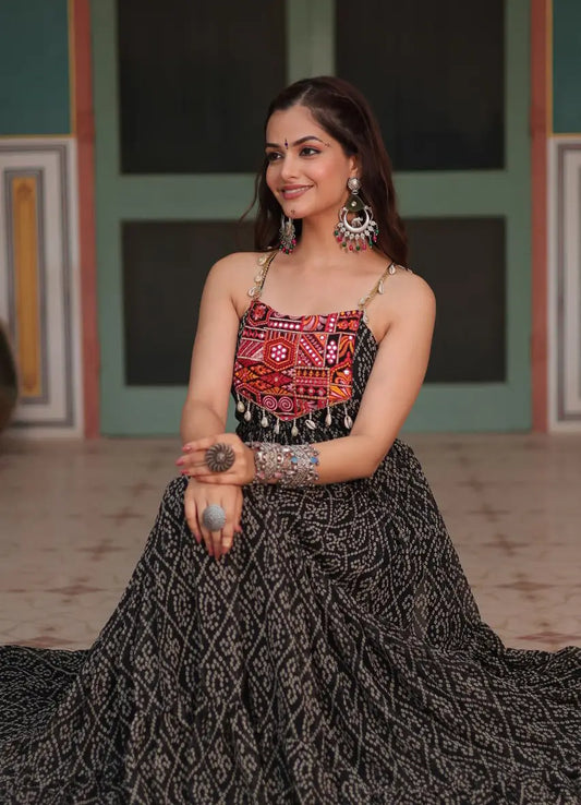 Black Bandhani Print With Kutchi Patch Work Navratri Gown